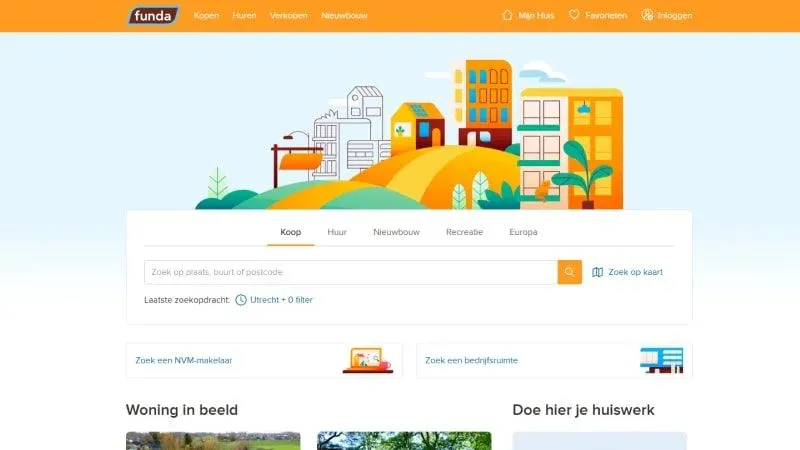 Screenshot van Funda.nl met koop- en huurwoningen in Nederland