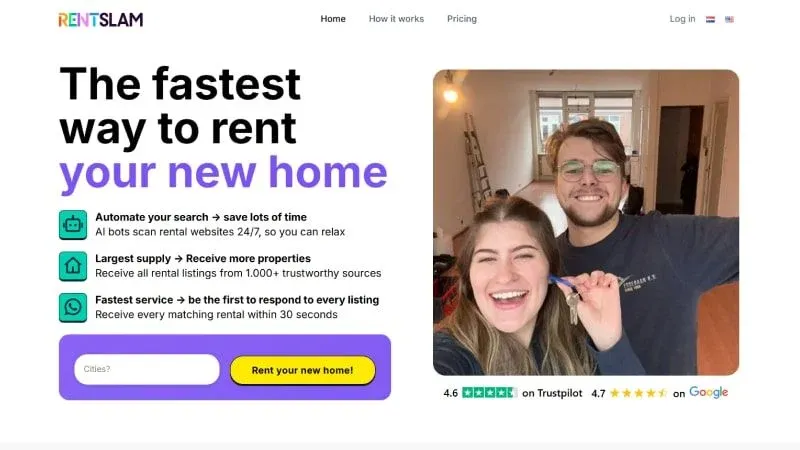 Screenshot van RentSlam huurmeldingsservice met beschikbare huurwoningen in Nederland
