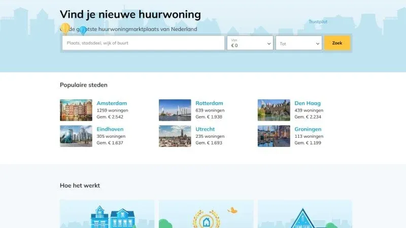 Screenshot van Huurwoningen.nl met huurwoningen en appartementen in Nederlandse steden