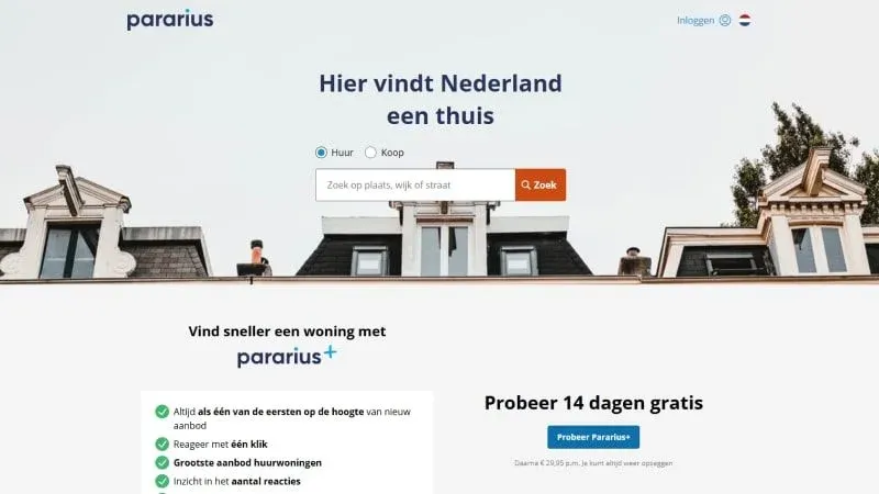 Screenshot van Pararius.nl huurplatform met appartementen en woningen in Nederland