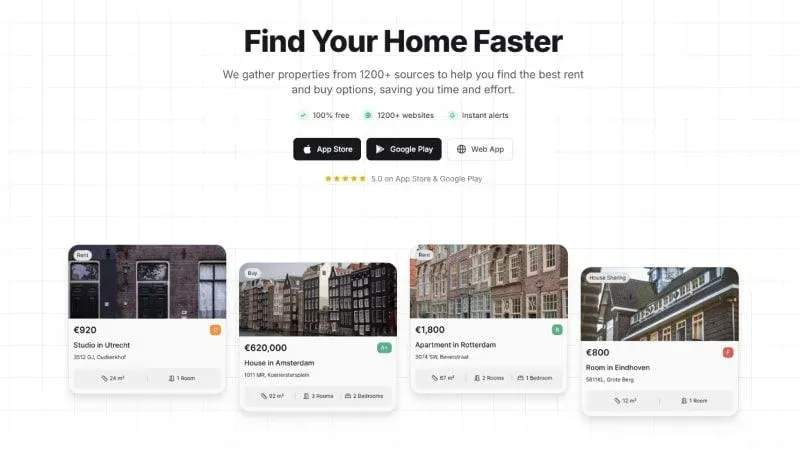 Screenshot van de Huisly woningzoek-app met huurwoningen in Nederland