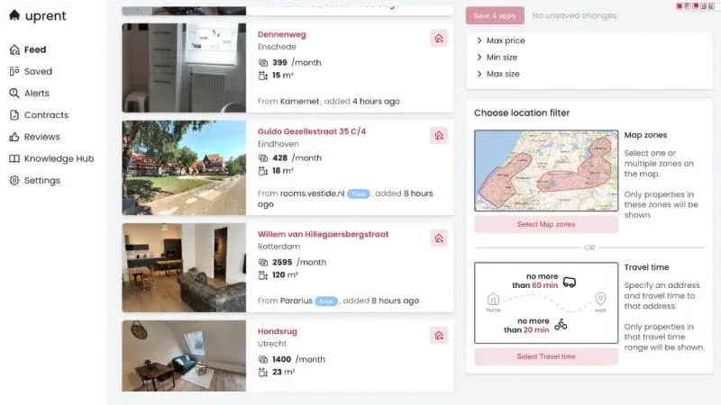 Screenshot van Uprent.nl huurplatform met appartementen en woningen in Nederland