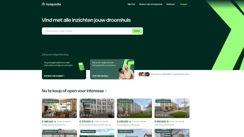 Screenshot van Huispedia.nl woningzoekplatform voor kopen en huren in Nederland