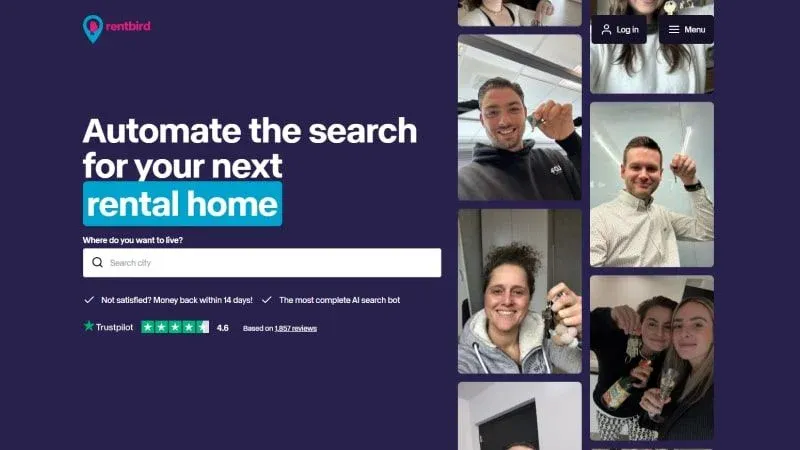 Screenshot van Rentbird.nl huurmeldingsservice voor woningen in Nederland